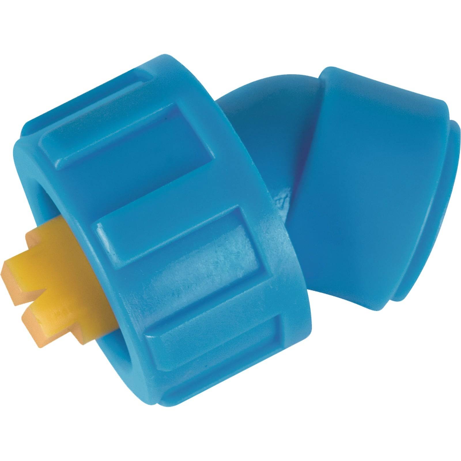 Ein blauer Plastik-Rohranschluss mit einer gelben Innenkomponente, der zum Verbinden zweier Rohre in einem 90-Grad-Winkel verwendet wird.