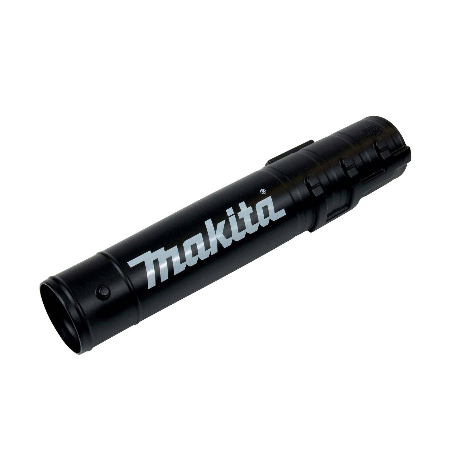 Eine schwarze zylindrische Taschenlampe mit dem in Weiß auf der Seite aufgedruckten Logo 