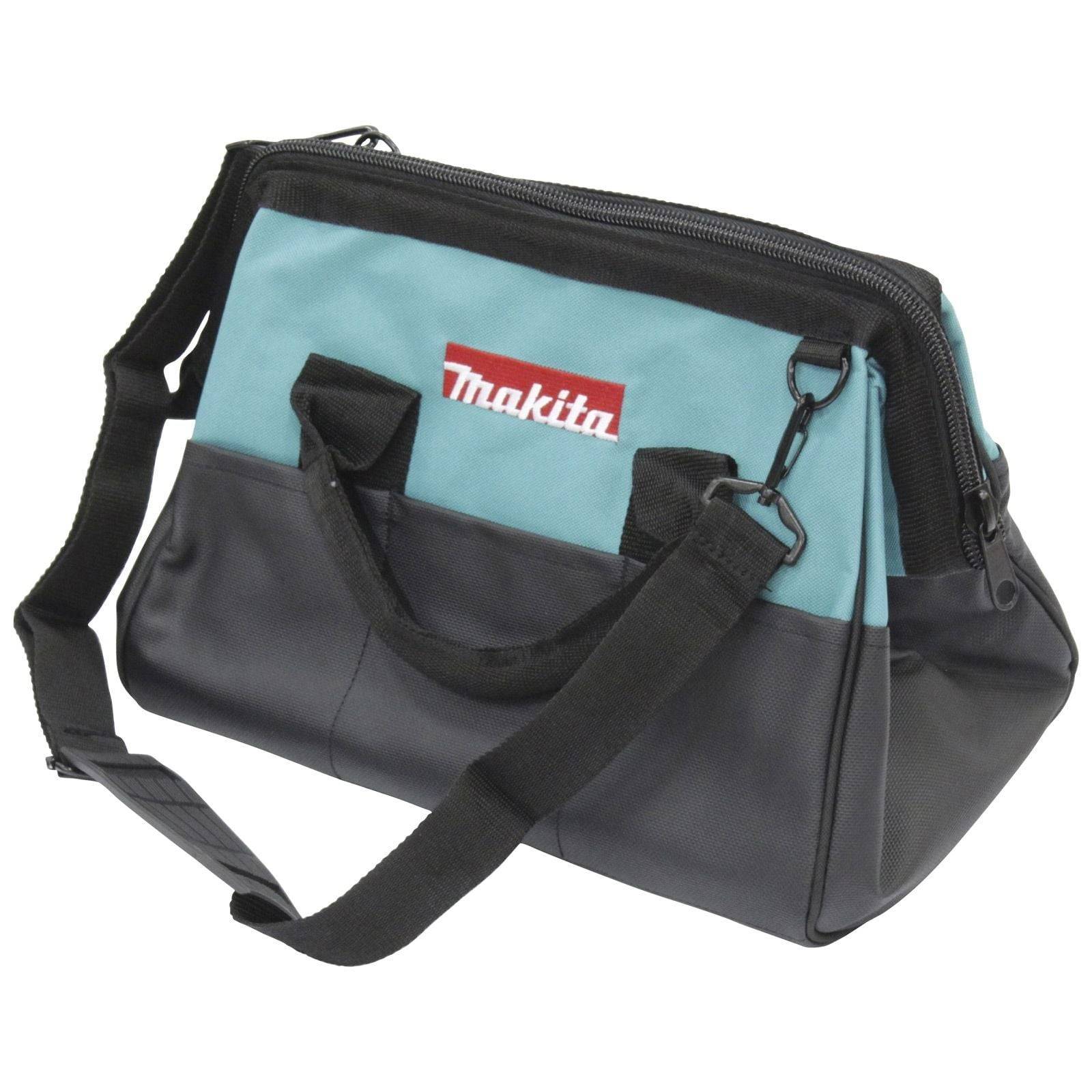 Eine Werkzeugtasche in Türkis und Schwarz, mit dem Markennamen-Logo an der Seite. Die Tasche verfügt über robuste schwarze Trageriemen.