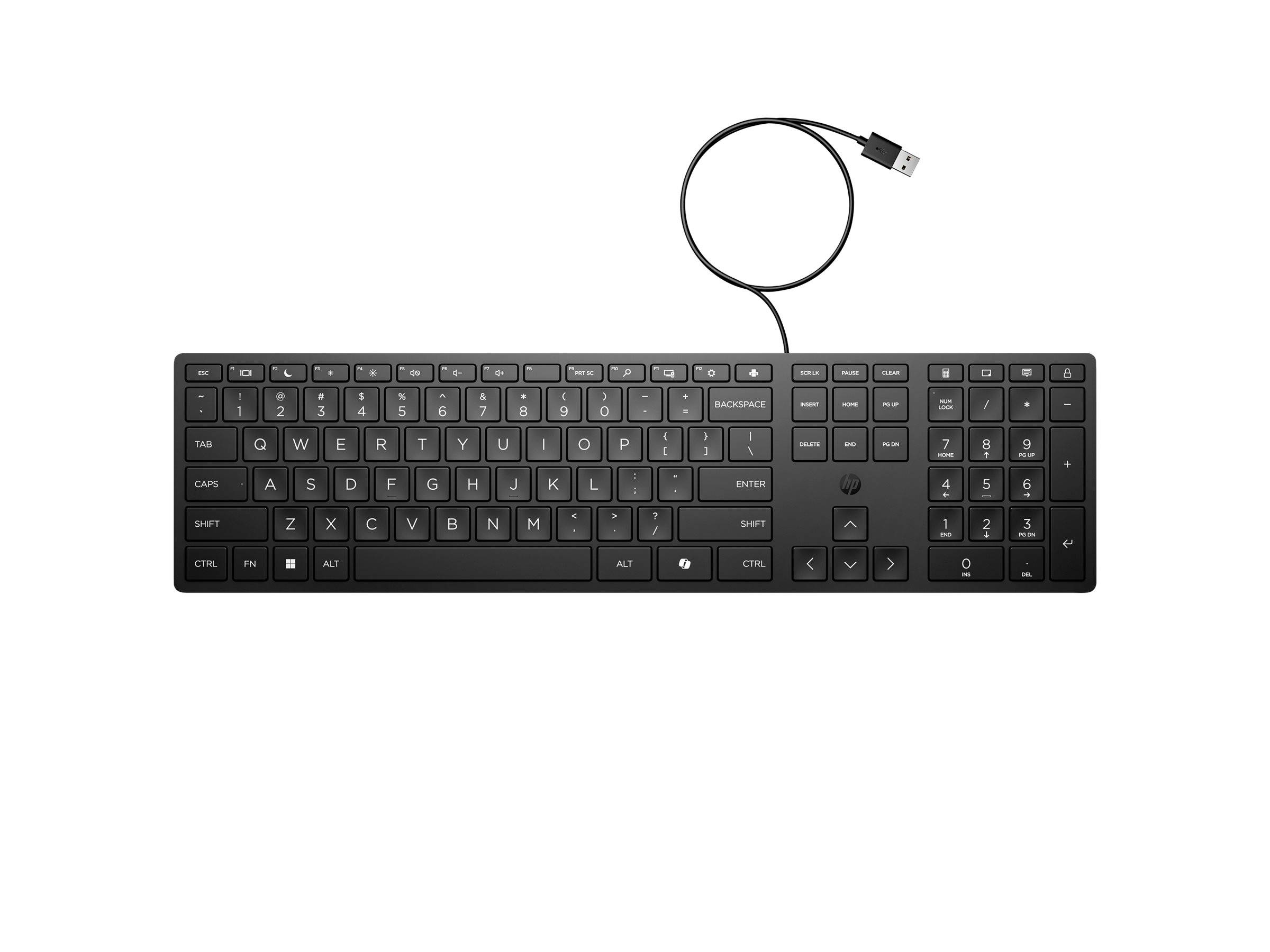 Schwarze kabelgebundene Tastatur mit angeschlossenem USB-Kabel, das darüber aufgerollt auf weißem Hintergrund liegt.