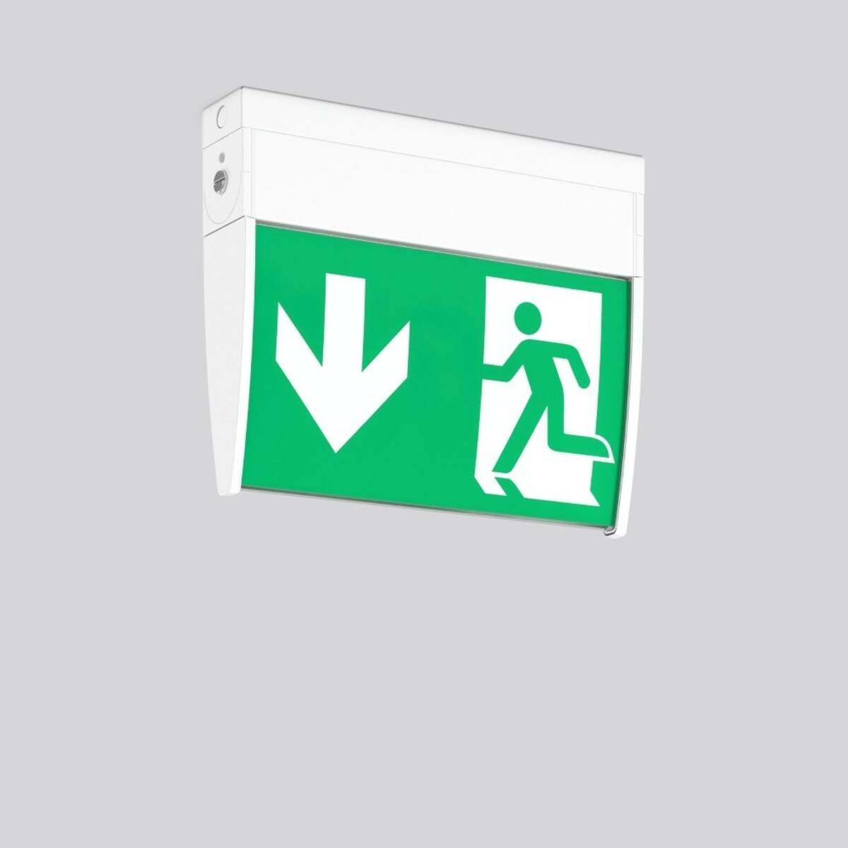 An der Wand angebrachtes beleuchtetes Notausgangsschild mit einem Pfeil nach unten und einem Symbol einer laufenden Person, das die Fluchtroute anzeigt.