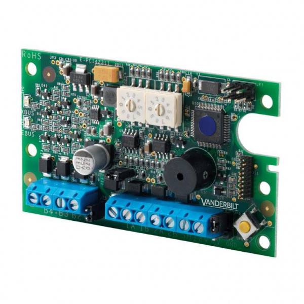 Elektronische Steuerschaltplatine mit blauen Schraubklemmen, Einstellreglern und einem schwarzen Buzzer, gekennzeichnet mit Vanderbilt.
