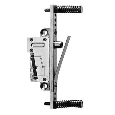 Metallische Türriegel-Mechanismus mit zwei federbelasteten Riegeln, die auf einer schmalen vertikalen Platte montiert sind.