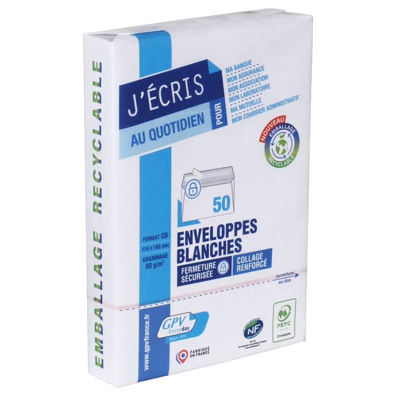 Karton mit 50 weißen recycelten Umschlägen mit der Bezeichnung 'J'ÉCRIS AU QUOTIDIEN', mit sicherer Verschließung, verstärktem Umschlag, Format C6.