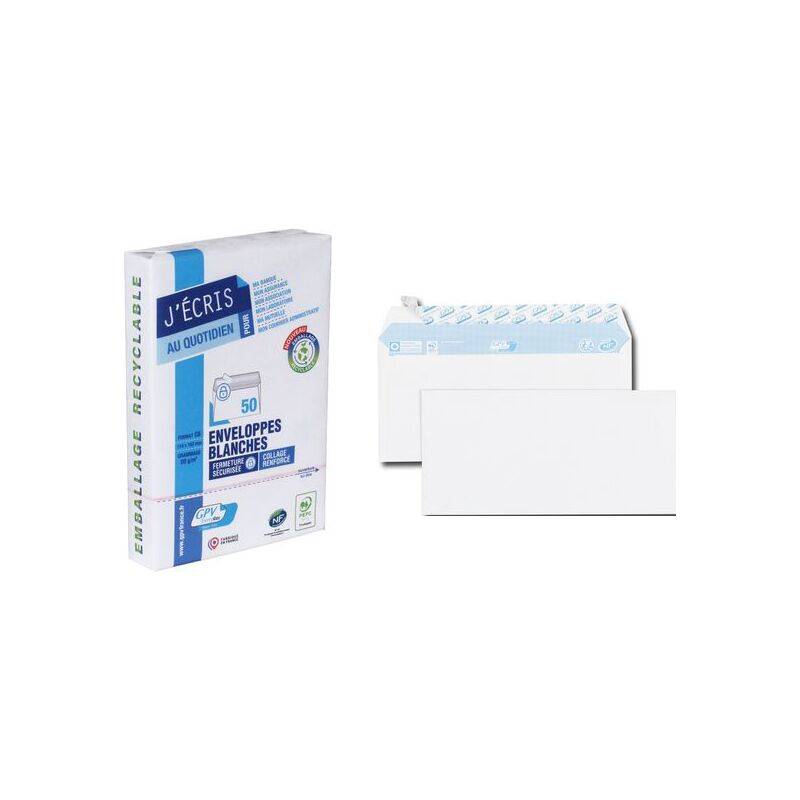 Schachtel mit 'J'ECRIS' weißen Briefumschlägen mit einem Recycling-Verpackungsetikett, bestehend aus 50 standardisierten Umschlägen, die neben der Schachtel angeordnet sind.