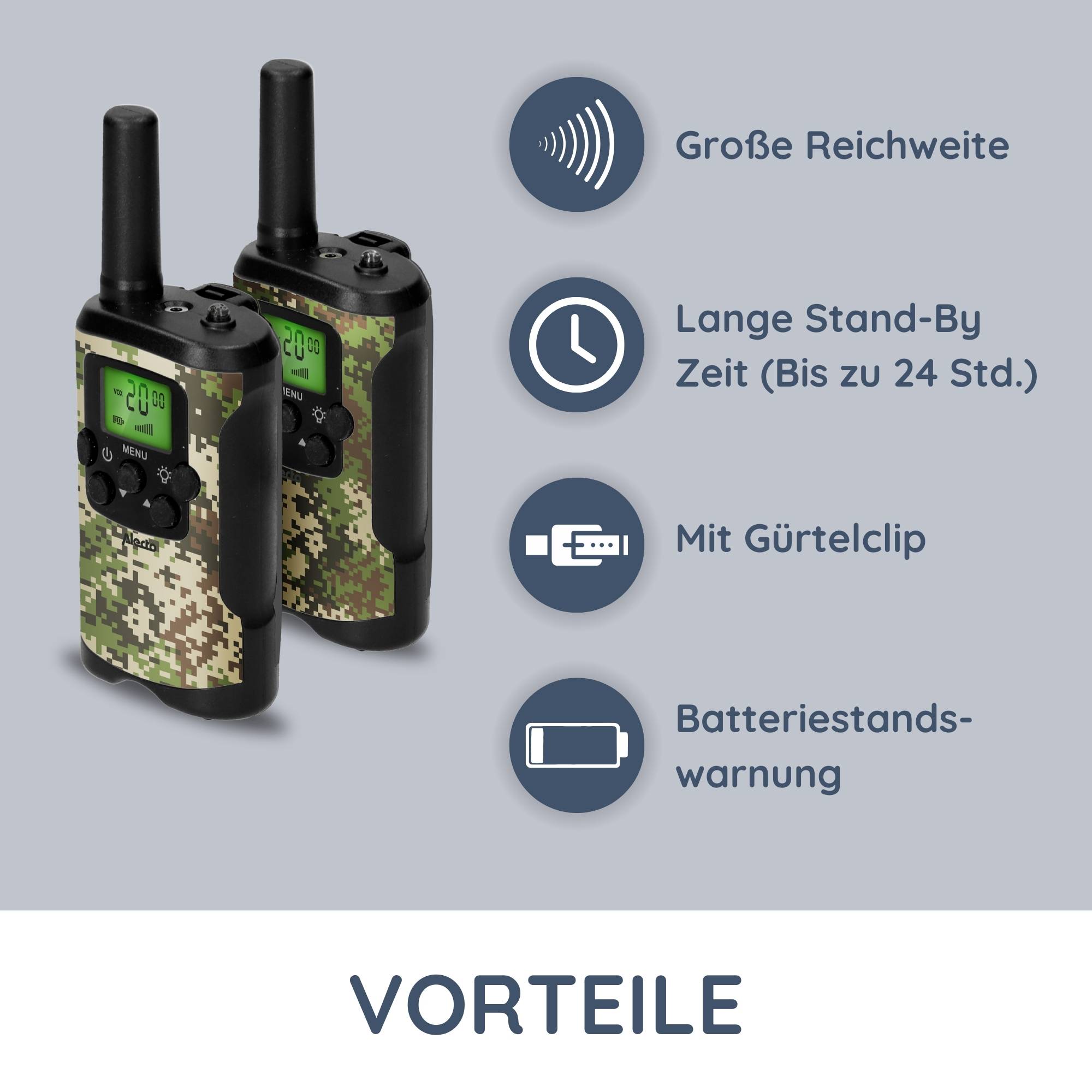 Alecto FR115CAMO - Zwei Walkie-Talkies für echte Abenteurer Entdecken Sie das ultimative Kommunikationsmittel für Ihr nächstes Abenteuer! Das Alec