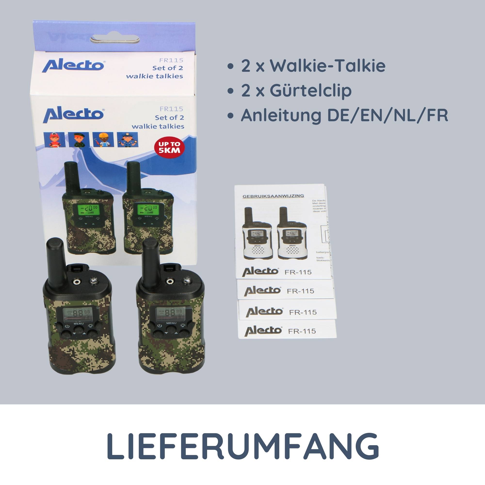 Alecto FR115CAMO - Zwei Walkie-Talkies für echte Abenteurer Entdecken Sie das ultimative Kommunikationsmittel für Ihr nächstes Abenteuer! Das Alec