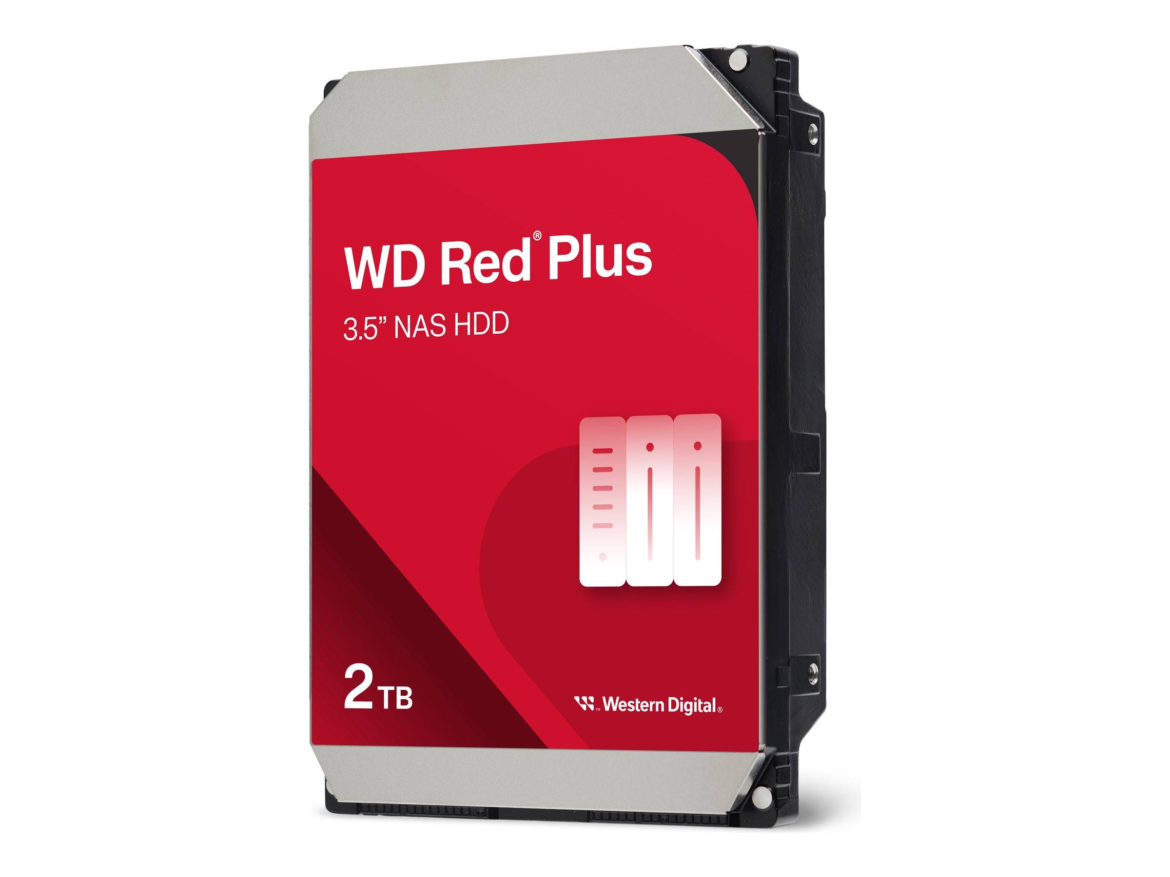 Eine WD Red Plus 3,5-Zoll-NAS-Festplatte mit der Bezeichnung 2TB von Western Digital.