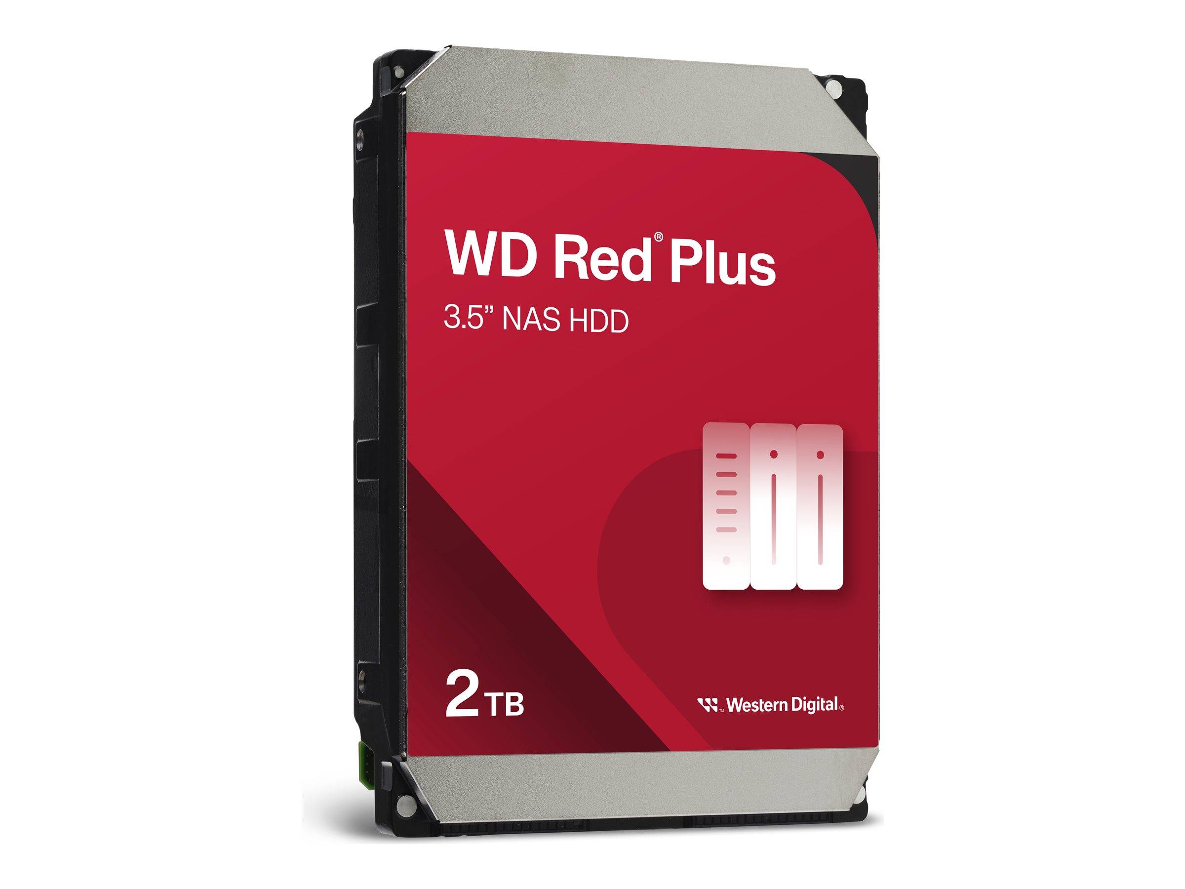 Eine Western Digital WD Red Plus 3,5-Zoll-NAS-Festplatte, 2TB, auf weißem Hintergrund dargestellt.