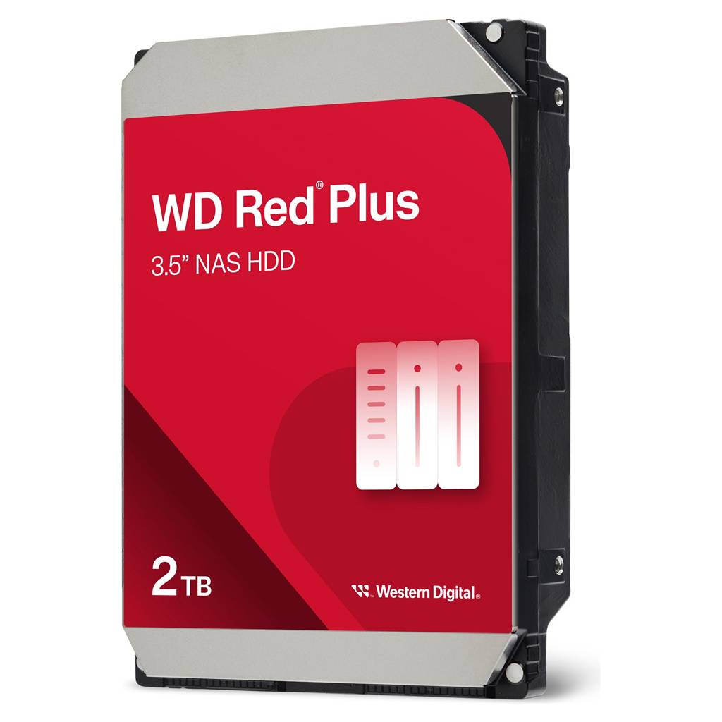 Westliche Digitale WD Red Plus 2TB 3,5-Zoll-NAS-Festplatte auf weißem Hintergrund dargestellt.
