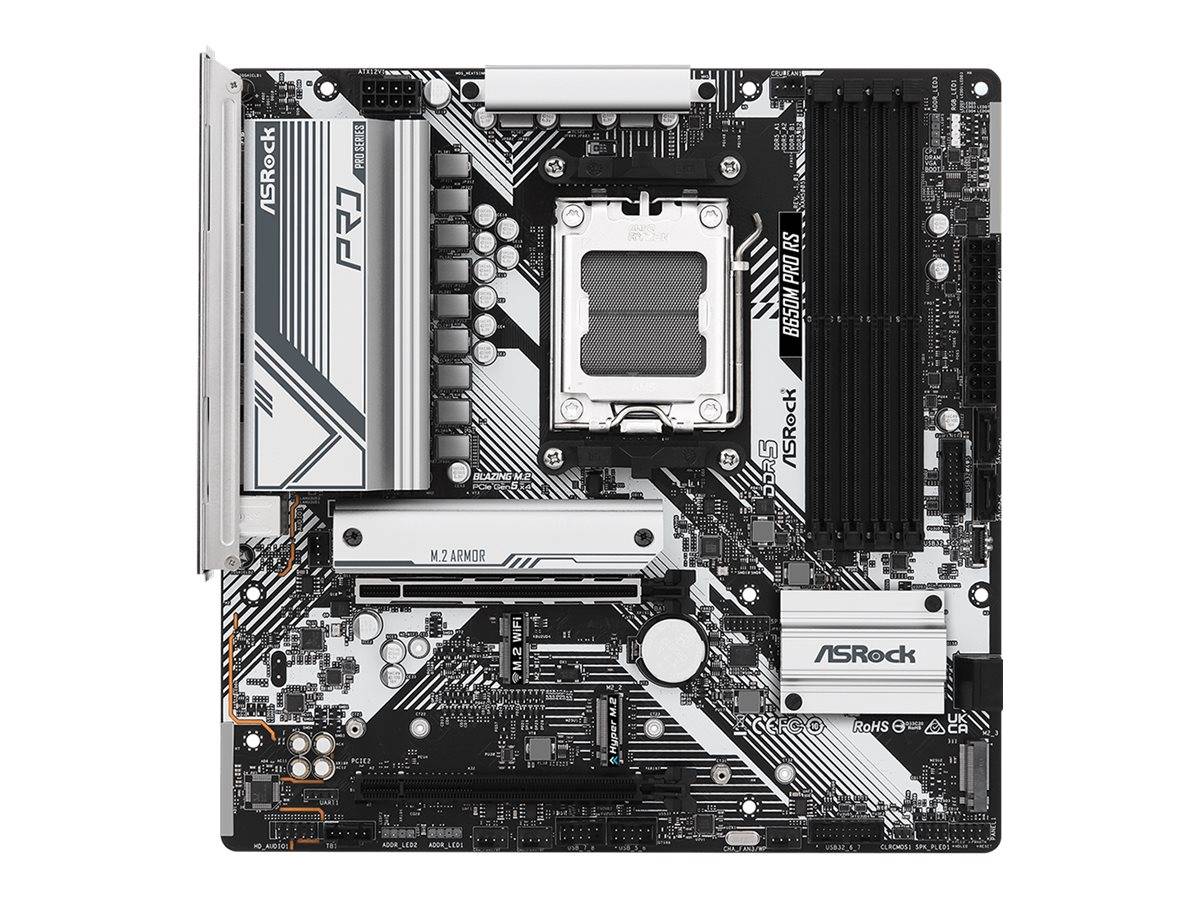 ASRock Z790-Motherboard von oben gezeigt, mit CPU-Sockel, RAM-Steckplätzen, PCIe-Steckplatz, M.2-Kühlkörper und Chipset-Kühlkörper sichtbar.
