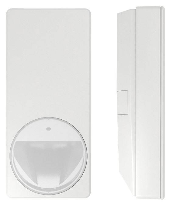 Weiß montierter Bewegungsmelder an der Wand, dargestellt in Front- und Seitenansicht, mit einer großen kreisförmigen Linse am unteren Ende.