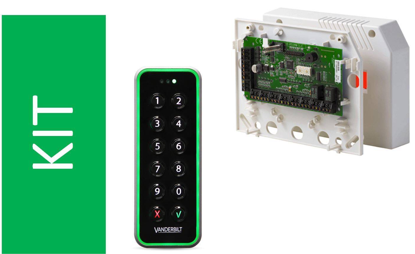 Tastatur und Leiterplatte eines Vanderbilt-Zutrittskontrollsystems mit numerischen Tasten, LED-Indikatoren und detaillierten Schaltungskomponenten.