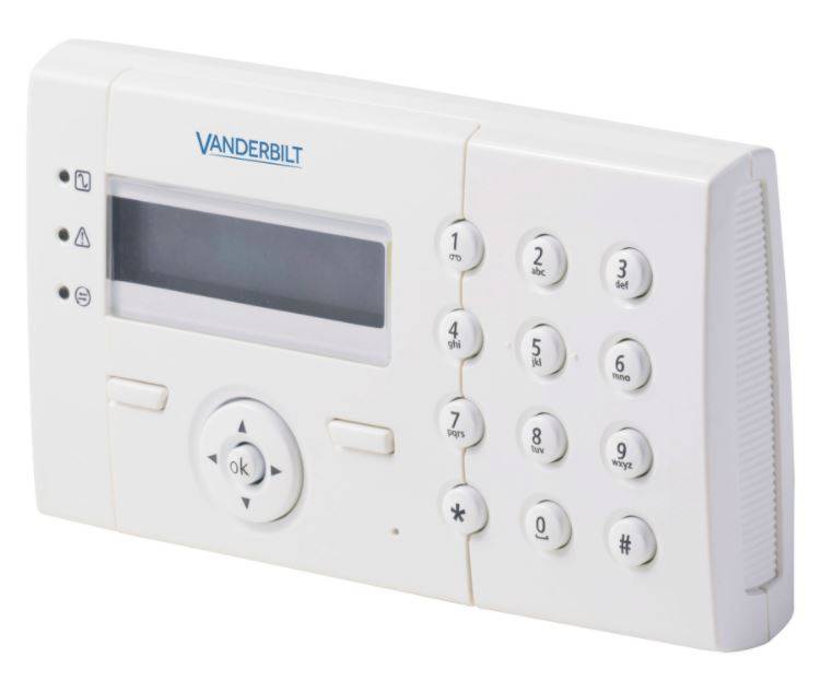 Weiße Vanderbilt-Sicherheitsalarmtastatur mit kleinem Display, Navigationstasten und numerischer Codepad.