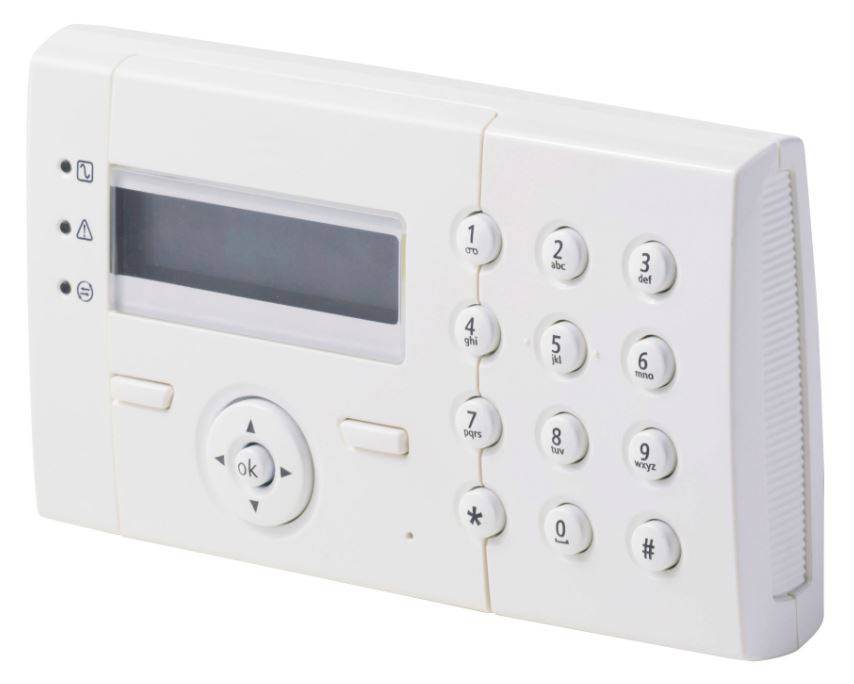 Weißes Tastenfeld für die Heimsicherheitsanlage mit leerem Display, Statusleuchten, Navigationsfeld und nummerierten Tasten zum Aktivieren und Eingeben des Codes.