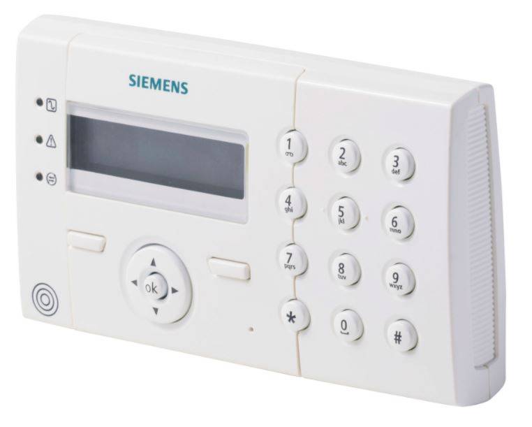 Weiße Siemens-Alarmanlagentastatur für die Haussicherheit mit kleinem Display, Statusleuchten und Zifferntasten zum Aktivieren, Deaktivieren und Eingeben von Codes.