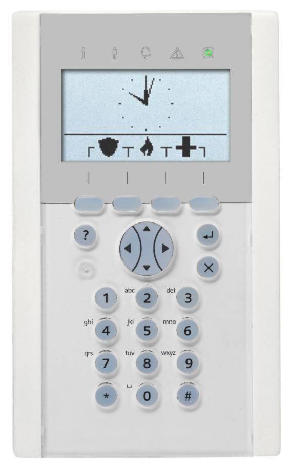 An der Wand montiertes Sicherheitsschlüsseltastatur für zu Hause mit kleinem LCD-Bildschirm, Statussymbolen und numerischen Tasten zum Aktivieren, Deaktivieren und für Alarmfunktionen.