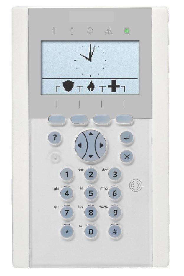 Wandmontierte Sicherheitsalarm-Tastatur mit kleinem LCD-Display, das eine Uhr und Statussymbole anzeigt, sowie Zahlentasten und Steuertasten.