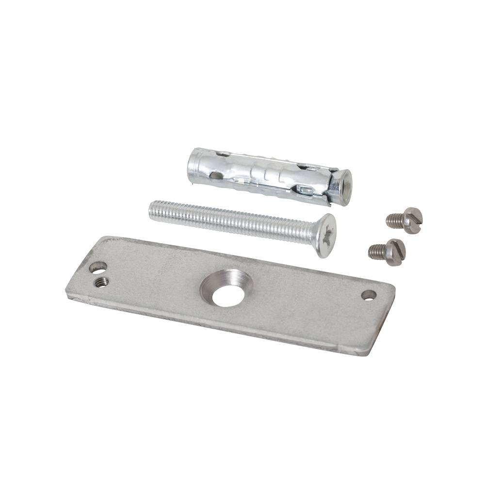 Wandanker-Hardware-Set mit Metallmontageplatte, Gewindeschraube, Expansionsdübel und zwei Schrauben auf weißem Hintergrund