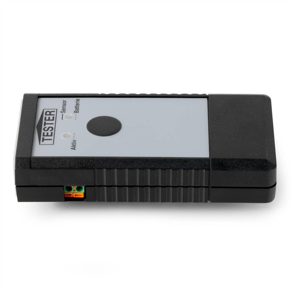 Tragbares schwarzes Sensor-Testgerät mit beschrifteter Oberseite, Kontrollleuchten und einer zentralen Taste, abgebildet auf weißem Hintergrund.