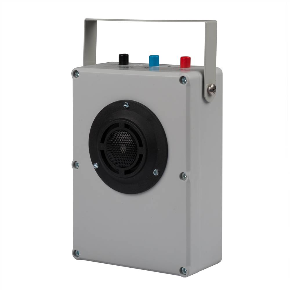 Tragbares graues elektronisches Gerät mit Griff, vorderer Lautsprechergitter und drei farbigen Tasten oder Anzeigen oben.