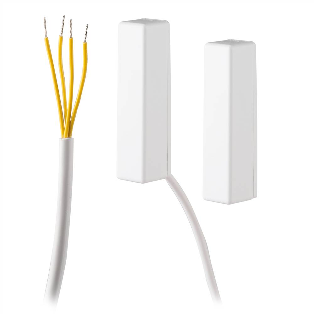 Weißer magnetischer Tür-/Fenstersensor mit separatem Detektor und Magnet sowie ein durchschnittenes Kabel, das gelbe innere Drähte zeigt.