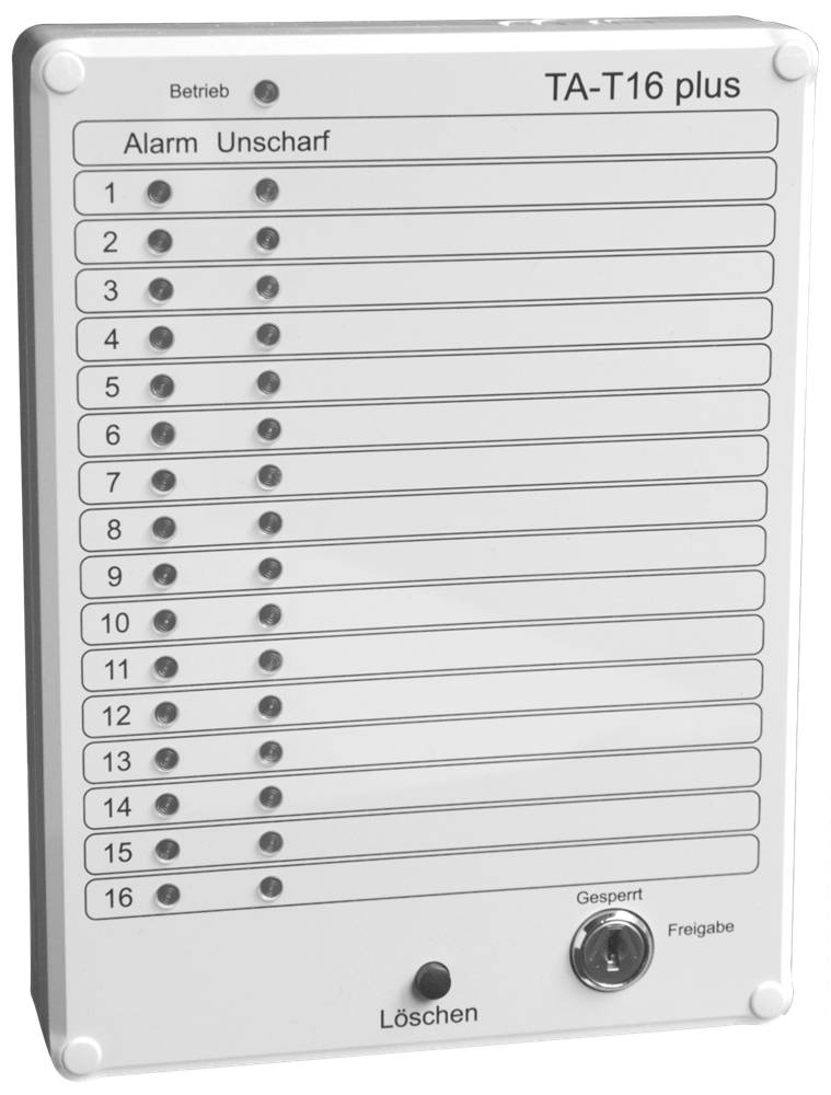 TA-T16 plus Alarmanlage mit 16 nummerierten Zonen, 'Alarm'- und 'Unscharf'-Anzeigelampen sowie 'Löschen'- und Schlüsselschalter-Bedienelemente.