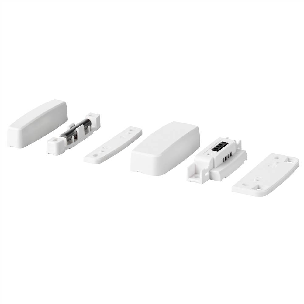 Explodierte Ansicht eines weißen magnetischen Tür-/Fenstersensors, das die Abdeckung, den Schaltmechanismus, die Basis und die Befestigungsteile zeigt.