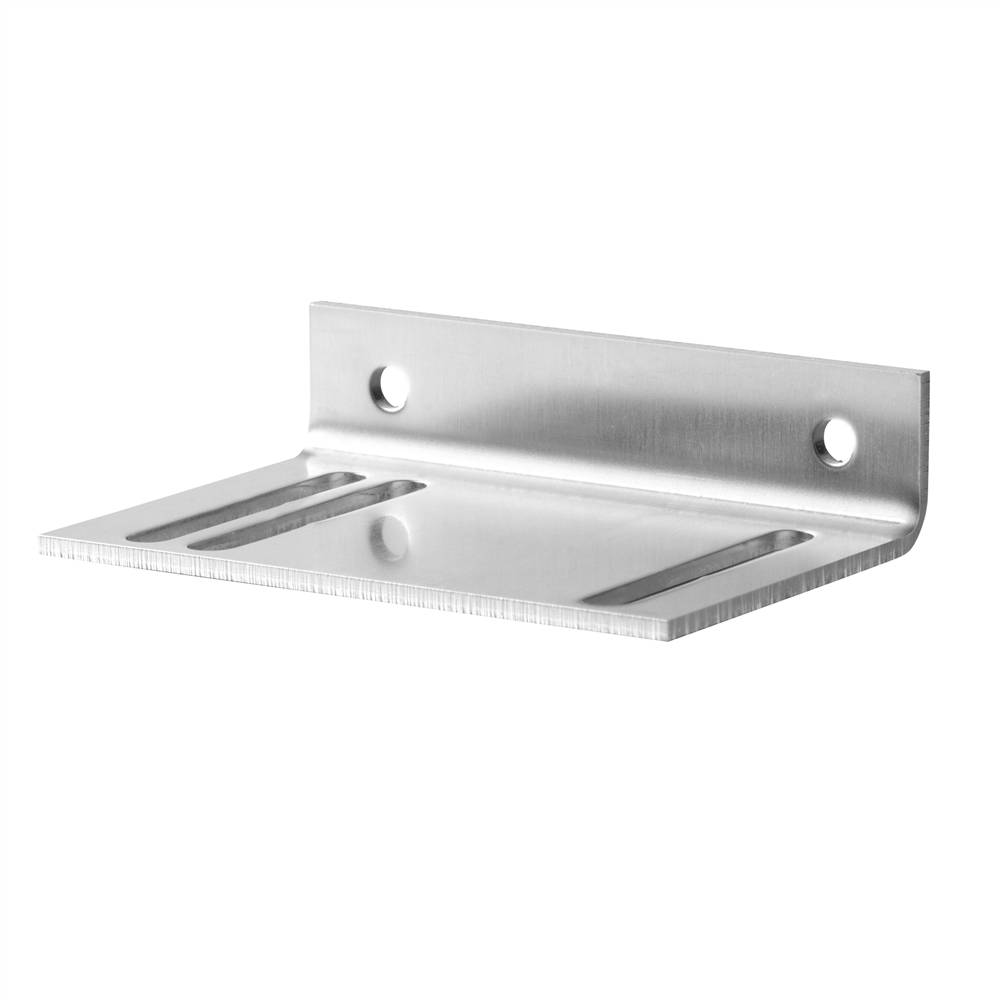 Silbernes metallisches L-förmiges Wandhalterungsausführung mit zwei Schraubenlöchern und schlitziger Basis, dargestellt auf weißem Hintergrund.