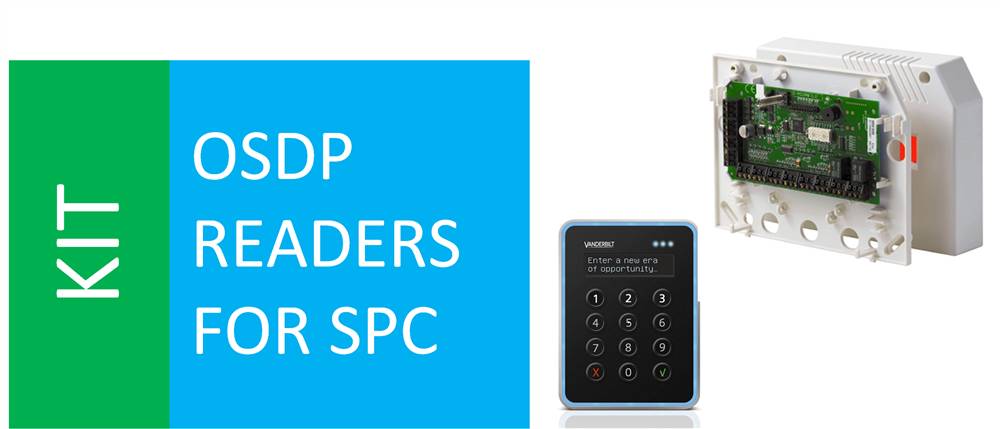 Werbegrafik für KIT OSDP-Lesegeräte für SPC, zeigt ein Tastatur-Lesegerät und ein offenes Bedienfeld mit Verkabelung und Leiterplatte.