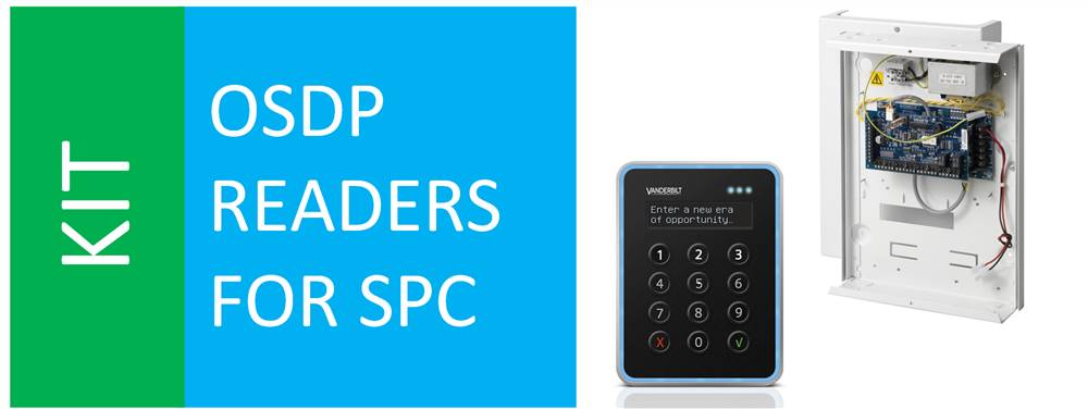 Werbegrafik für KIT OSDP Reader für SPC, die ein Tastaturlesegerät und einen offenen Schaltschrank mit Verkabelung zeigt.