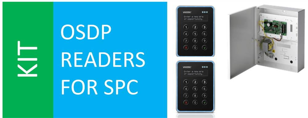Werbegrafik für KIT OSDP-Lesegeräte für SPC, zeigt zwei schwarze Keypad-Lesegeräte und einen offenen Steuerschrank mit Verdrahtung und Leiterplatte.