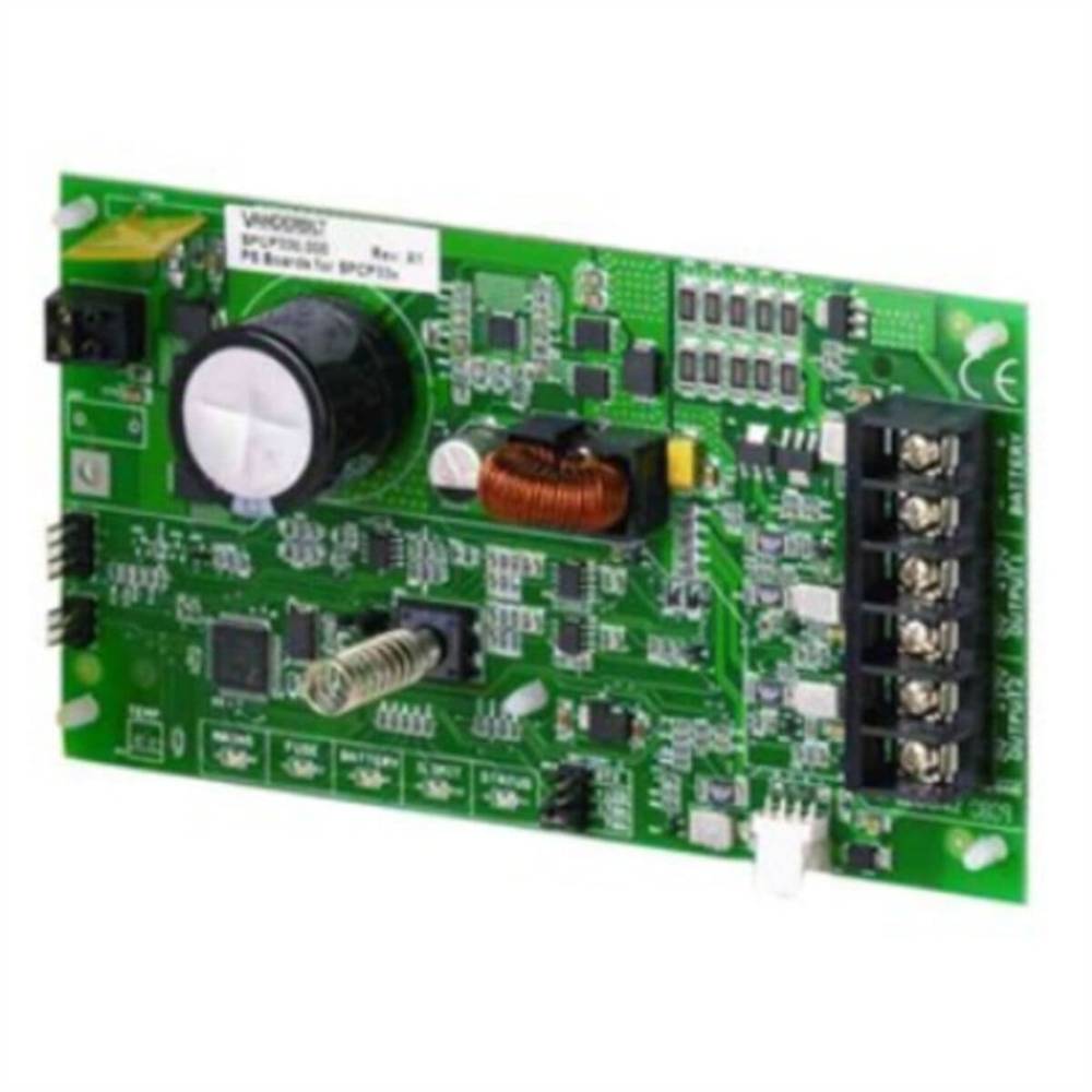 Grüne elektronische Steuerschaltplatine mit Kondensator, Spule, Steckverbindern und Klemmleiste auf weißem Hintergrund.