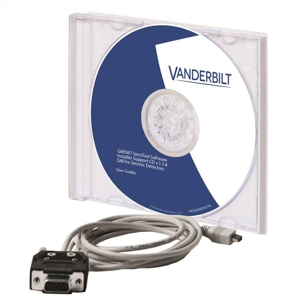 Vanderbilt Software-CD-Hülle mit USB-Kabel und Stecker für ein Unterstützungssystem für Erschütterungsmelder, dargestellt als Produktinhalt.