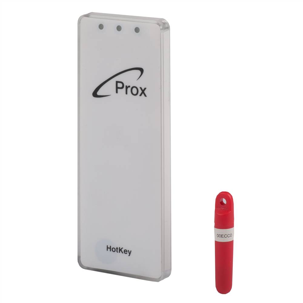 White Prox HotKey Näherungsleser und ein kleines rotes Tag/Schlüsselanhänger auf einfachem Hintergrund.