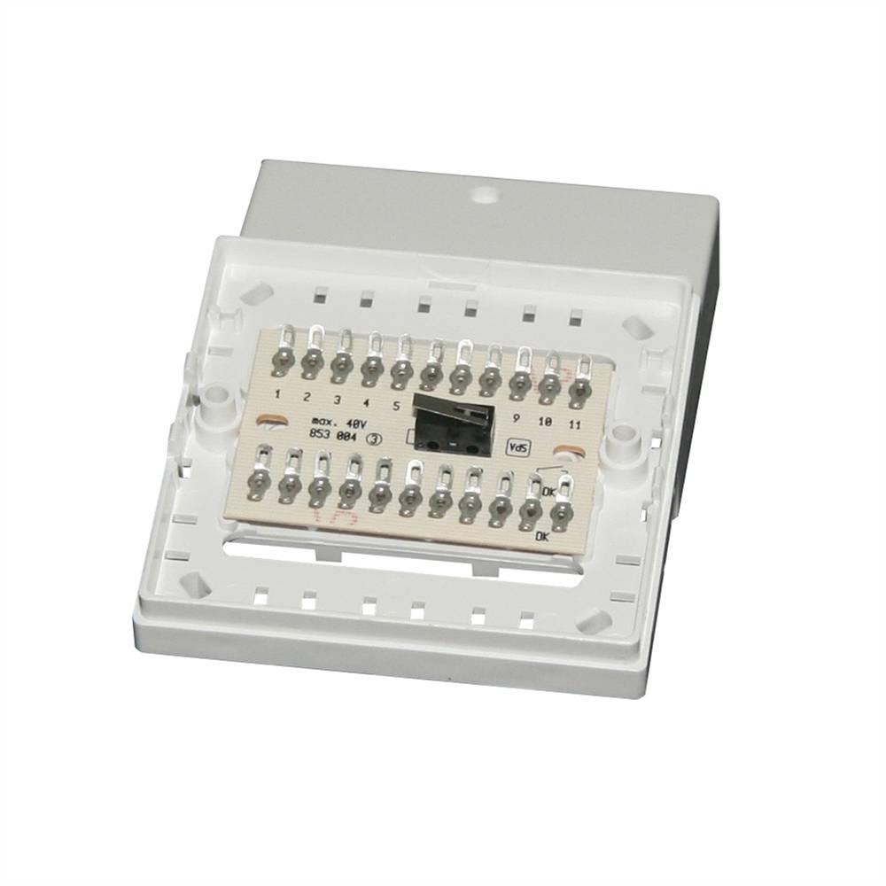Wandmontiertes elektrisches Kontrollmodul mit gekennzeichneten Anschlüssen und einem zentralen Schalter, dargestellt in einem Kunststoffgehäuse mit Blende.