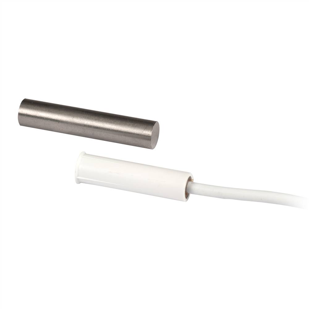 Magnetischer Türsensor mit separatem Metallzylinder und weißem Reedschalter, die durch ein Kabel verbunden sind, auf weißem Hintergrund.