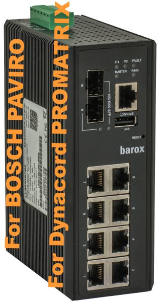 Industrial Barox Dynacord PRONATRIX Ethernet-Schalter mit mehreren RJ45-Anschlüssen, Status-LEDs und Beschriftungen „For BOSCH PAVIRO