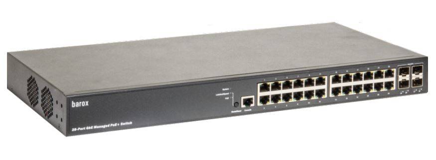 Ein 24-Port Barox Netzwerk-Switch, dargestellt in einem grauen Rack-Mount-Metallgehäuse mit vorderen Ethernet-Anschlüssen und Statusleuchten.
