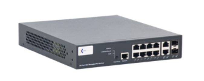 Vorderansicht eines grauen Netzwerk-Switches/Router-Geräts mit mehreren Ethernet-Anschlüssen und Statusanzeigen auf der Frontplatte.