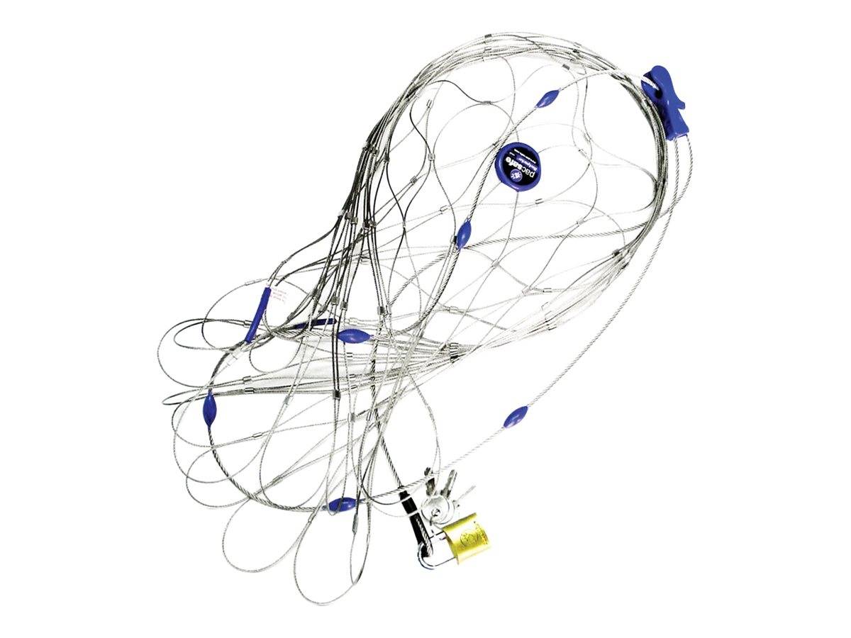 Ein Mesh-Sicherheitsschlosssystem mit verflochtenen Kabeln, ausgestattet mit einer blauen verschließbaren Klemme und einem gelben Vorhängeschloss, entwickelt zum Sichern von Gepäck.