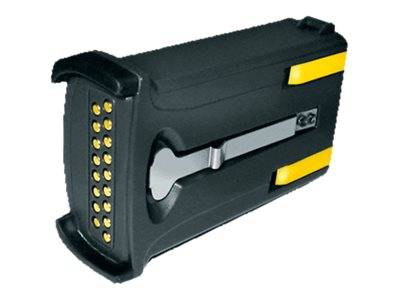 Schwarze und gelbe rechteckige Batteriepak mit freiliegenden Goldkontakten und einer seitlichen Verriegelung, dargestellt auf weißem Hintergrund.