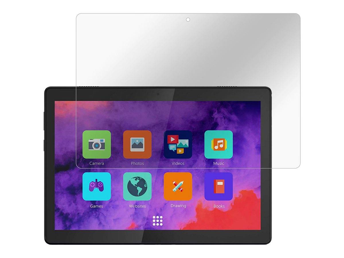 Schwarzes Tablet oder Touchscreen-Gerät mit einem farbenfrohen App-Startbildschirm, dargestellt mit einer transparenten Schutzhülle oder einem Schutzfolien-Overlay dahinter.