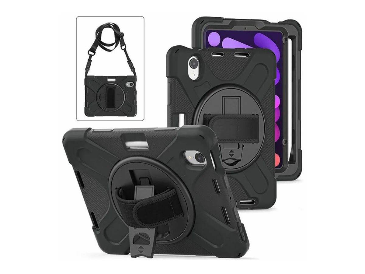 Schwarze robuste Tablet-Schutzhülle mit drehbarem Handgriff und Schultergurt, aus mehreren Winkeln gezeigt, mit eingelegtem Tablet und aufgestelltem Ständer.