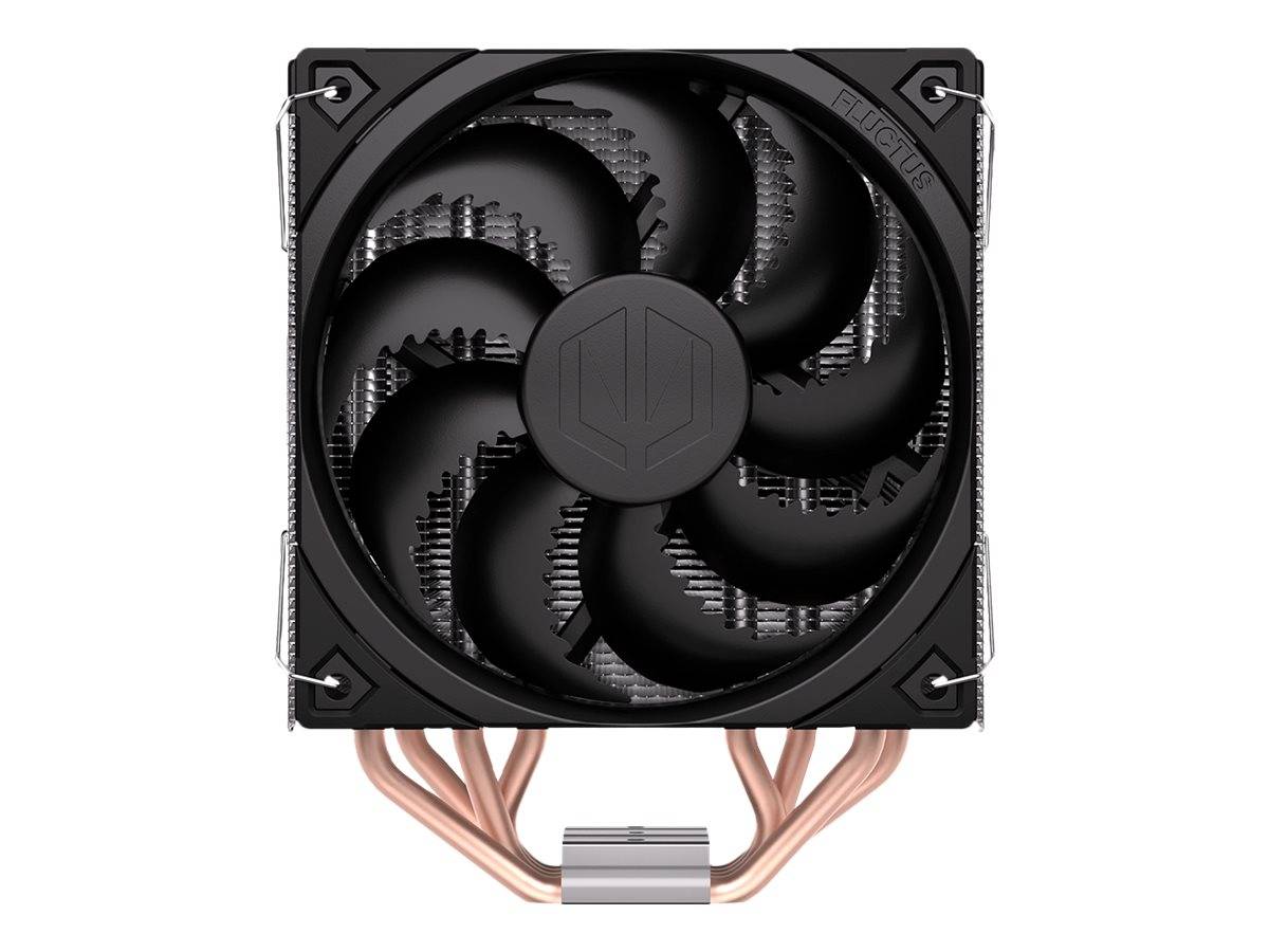 Schwarzer CPU-Kühler mit quadratischem Lüfter und Kupferwärmerohr auf weißem Hintergrund.