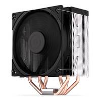 Computerprozessor-Kühlsystem mit schwarzem Lüfter, silbernen Kühlrippen und Kupferwärmerohrenleitungen.