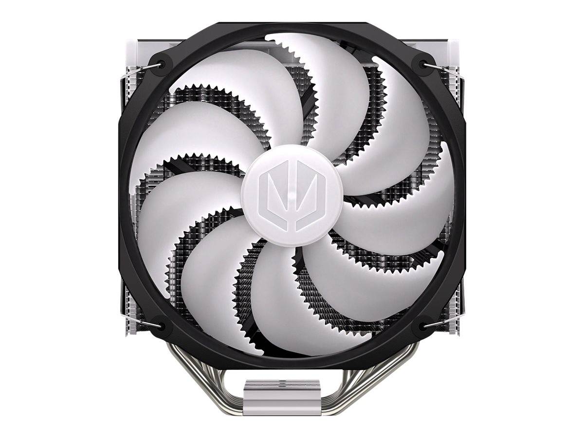 Vorderansicht eines schwarzen Computerlüfters/Kühlkörpers mit sieben weißen Blättern und einem kreisförmigen Mittellogo, isoliert auf weißem Hintergrund.
