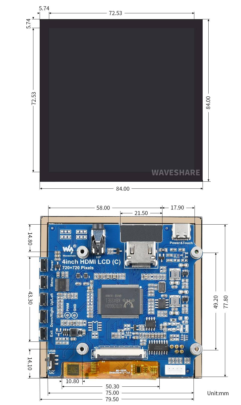 WaveShare 4inch HDMI Capacitive Touch IPS LCD Display (C) 720×720 Fully Laminated Screen