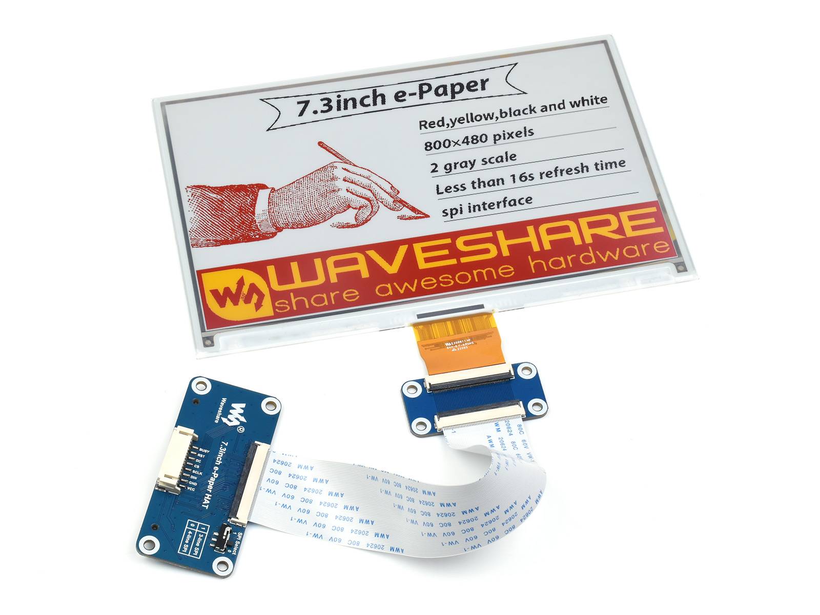 WaveShare 7.3inch e-Paper HAT (G) 800 x 480 Red/Yellow/Black/White