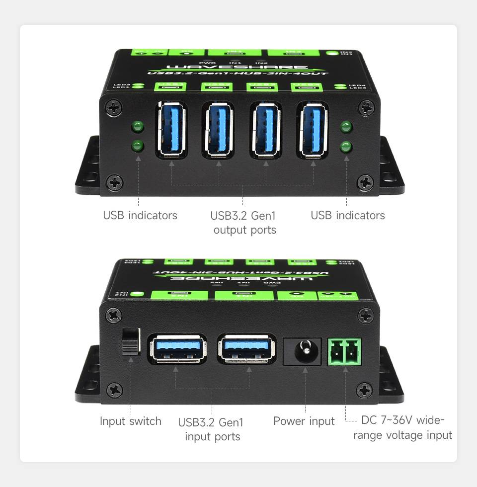 WaveShare Industrial Grade USB HUB 4x USB 3.2 Ports Switchable Dual Hosts
